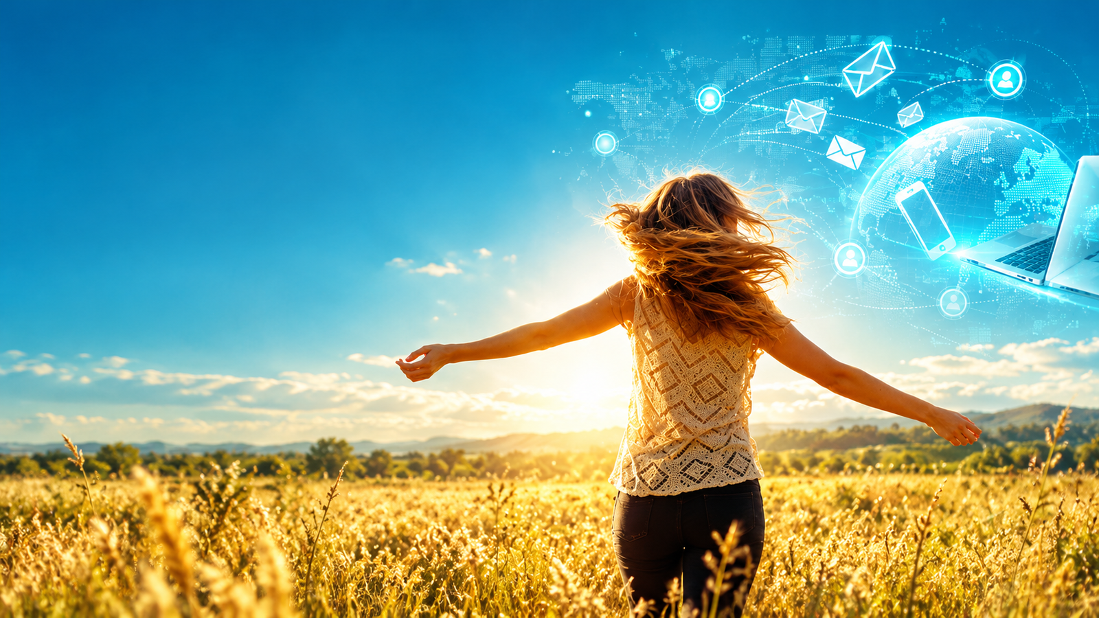 A woman enjoying freedom in a sunlit meadow, connected to a world of digital possibilities